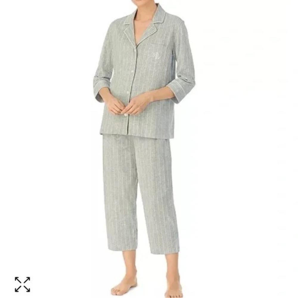 Lauren Ralph Lauren Women's Pajama Set Gray Pinstripe Capri Button Front Size S